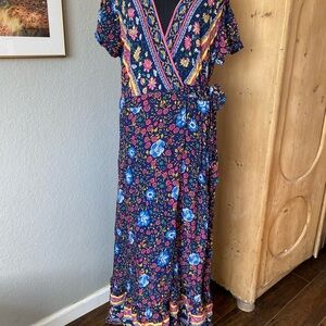 Navy Floral Maxi Dress with V-Neck